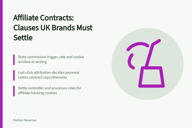 Affiliate marketing contract clauses on commission, disclosure and data roles. What affiliate marketing commercial contracts mean for UK programmes