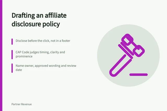 Card on drafting an affiliate marketing disclosure policy in England. How to write an affiliate marketing disclosure policy without vague wording