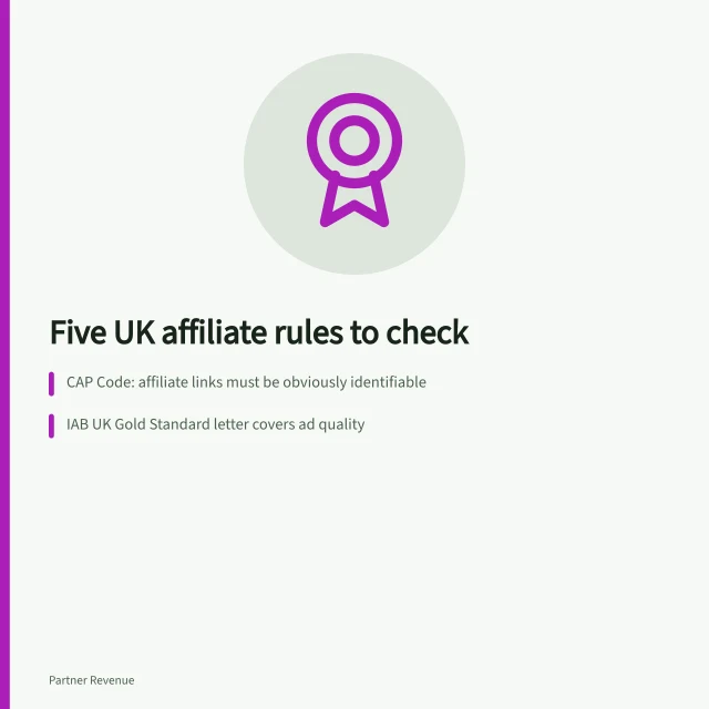 Card listing five UK affiliate marketing compliance rules. Five affiliate marketing UK rules to check before you brief a campaign
