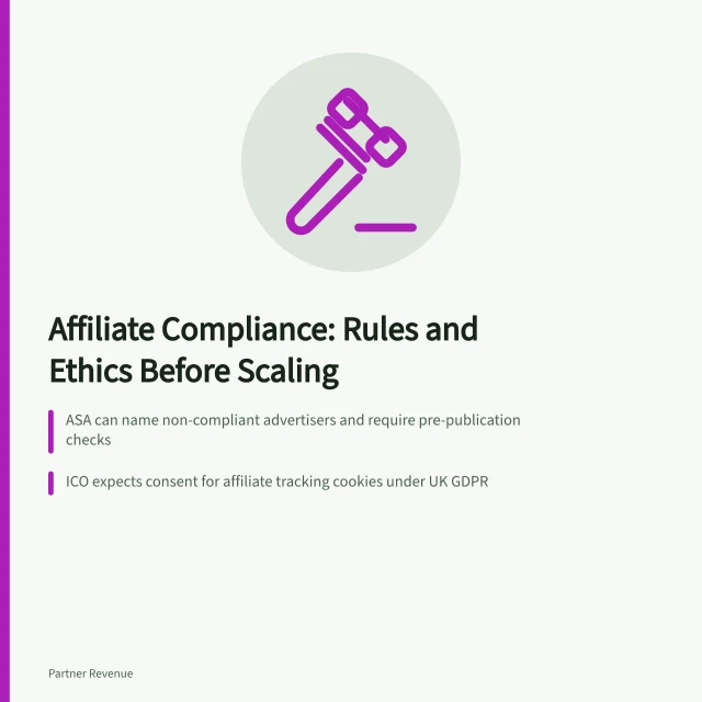 Affiliate marketing compliance card with ASA, ICO and VAT rules. When to check affiliate marketing rules and ethics before you scale