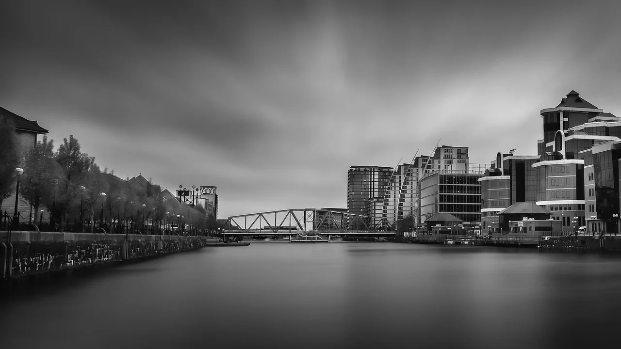 city, salford quays, skyline, the quays, manchester, media city, bridge, architecture, landmark, salford, quays, urban, buildings, docklands, design, england, cityscape, uk, black and white, long exposure, tourism, manchester, manchester, manchester, manchester, manchester